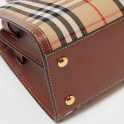 Burberry Brown/Beige Vintage Check Canvas and Leather Mini Title Tote