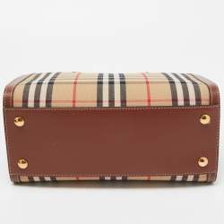 Burberry Brown/Beige Vintage Check Canvas and Leather Mini Title Tote