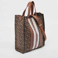 Burberry Black/Brown TB Monogram Coated Canvas and Leather Stripe Portrait Tote