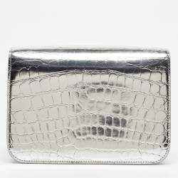 Burberry Silver Croc Embossed Leather Small TB Shoulder Bag