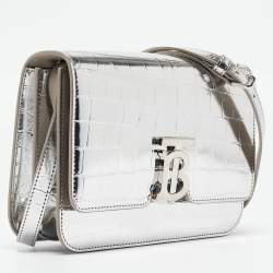 Burberry Silver Croc Embossed Leather Small TB Shoulder Bag