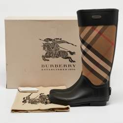 Burberry Beige/Black House Check Canvas and Rubber Clemence Rain Boots Size 37