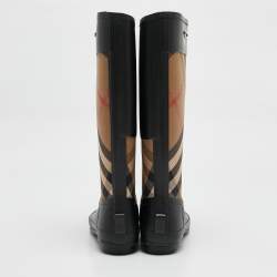 Burberry Beige/Black House Check Canvas and Rubber Clemence Rain Boots Size 37