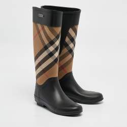 Burberry Beige/Black House Check Canvas and Rubber Clemence Rain Boots Size 37