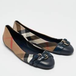 Pre Owned Burberry Brown/Blue Nova Check Canvas and Leather Buckle Detail Ballet Flats Size 37.5