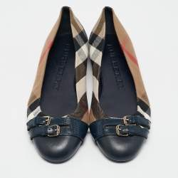 Pre Owned Burberry Brown/Blue Nova Check Canvas and Leather Buckle Detail Ballet Flats Size 37.5