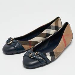 Pre Owned Burberry Brown/Blue Nova Check Canvas and Leather Buckle Detail Ballet Flats Size 37.5
