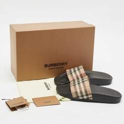 Burberry Beige/Black House Check PVC Furley Flat Slides Size 36