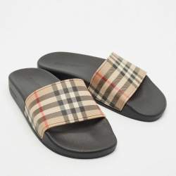 Burberry Beige/Black House Check PVC Furley Flat Slides Size 36