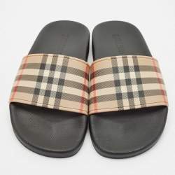 Burberry Beige/Black House Check PVC Furley Flat Slides Size 36
