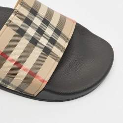 Burberry Beige/Black House Check PVC Furley Flat Slides Size 36