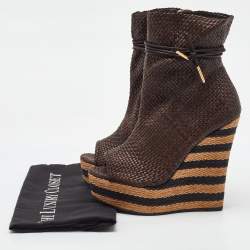 Pre Owned Burberry Brown Woven Leather Raffia Platform Wedge Ankle Length Boots Size 38