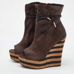 Pre Owned Burberry Brown Woven Leather Raffia Platform Wedge Ankle Length Boots Size 38