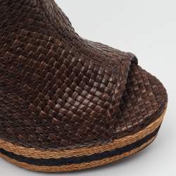 Pre Owned Burberry Brown Woven Leather Raffia Platform Wedge Ankle Length Boots Size 38