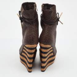 Pre Owned Burberry Brown Woven Leather Raffia Platform Wedge Ankle Length Boots Size 38