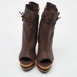 Pre Owned Burberry Brown Woven Leather Raffia Platform Wedge Ankle Length Boots Size 38