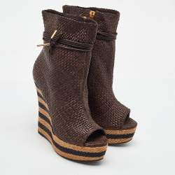 Pre Owned Burberry Brown Woven Leather Raffia Platform Wedge Ankle Length Boots Size 38