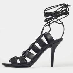 Pre Owned Burberry Black Leather Gladiator Stiletto Heel  Sandals Size 37.5