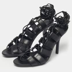 مملوكة مسبقًا صندل بربري جليديتور كعب رفيع جلد أسود مقاس 37.5