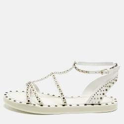 Pre Owned Burberry White Leather Studded Hansel Flat Sandals Size 39.5