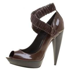 Burberry Brown Patent Leather Ruched Criss Cross Peep Toe Pumps Size 39