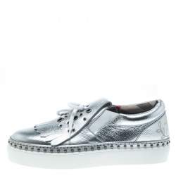 Pre Owned Burberry Metallic Silver Kiltie Fringe Detail Slip On Sneakers Size 37.5