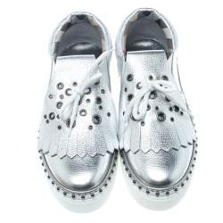 Pre Owned Burberry Metallic Silver Kiltie Fringe Detail Slip On Sneakers Size 37.5