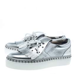 Pre Owned Burberry Metallic Silver Kiltie Fringe Detail Slip On Sneakers Size 37.5