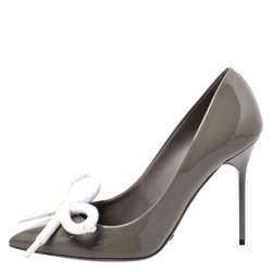 Pre Owned Burberry Grey Patent Leather Finsbury Bow Pointed Toe Pumps Size 37