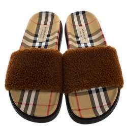 Pre Owned Burberry Brown Shearling And Vintage Check Kencot Slides Size 39.5