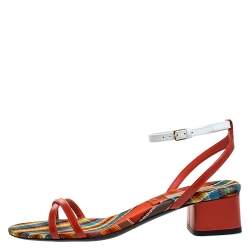 Pre Owned Burberry Red/White Leather Printed Anthea Ankle Strap Sandals Size 38
