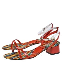 Pre Owned Burberry Red/White Leather Printed Anthea Ankle Strap Sandals Size 38