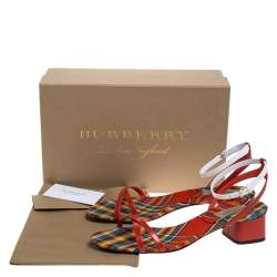 Pre Owned Burberry Red/White Leather Printed Anthea Ankle Strap Sandals Size 38