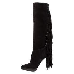 Pre Owned بوت للركبة بربري سويدي أسود بشراشيب نعل سميك مقاس 40