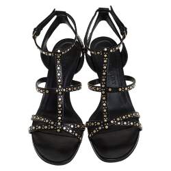Pre Owned Burberry Black Studded Leather Hansel 55 T Strap Sandals Size 38.5