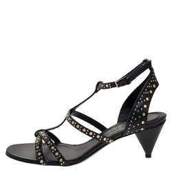 Pre Owned Burberry Black Studded Leather Hansel 55 T Strap Sandals Size 38.5