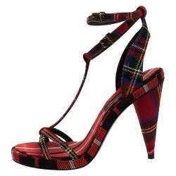 Burberry Red Novacheck Canvas Hans 110 T Strap Sandals Size 37.5