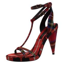 Burberry Red Novacheck Canvas Hans 110 T Strap Sandals Size 37.5