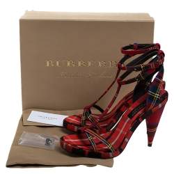 Burberry Red Novacheck Canvas Hans 110 T Strap Sandals Size 37.5