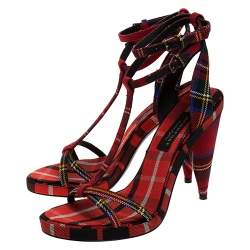 Burberry Red Novacheck Canvas Hans 110 T Strap Sandals Size 37.5