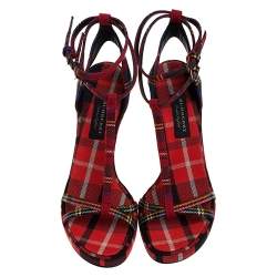 Burberry Red Novacheck Canvas Hans 110 T Strap Sandals Size 37.5