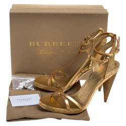 Pre Owned Burberry Metallic Gold Leather Runway Hans T Strap Sandals Size 40