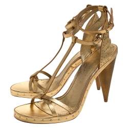 Pre Owned Burberry Metallic Gold Leather Runway Hans T Strap Sandals Size 40