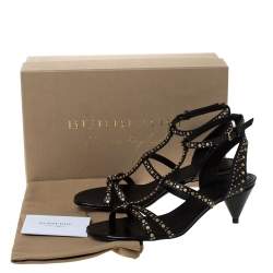 Pre Owned Burberry Black Studded Leather Hansel 55 T Strap Sandals Size 37
