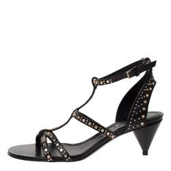 Pre Owned Burberry Black Studded Leather Hansel 55 T Strap Sandals Size 37