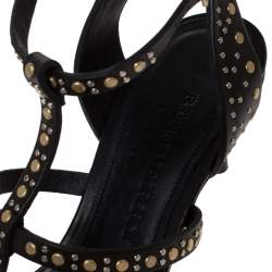 Pre Owned Burberry Black Studded Leather Hansel 55 T Strap Sandals Size 37