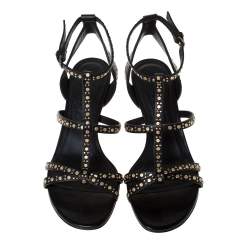 Pre Owned Burberry Black Studded Leather Hansel 55 T Strap Sandals Size 37