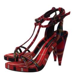 Pre Owned Burberry Red Novacheck Canvas Hans 110 T Strap Sandals Size 39