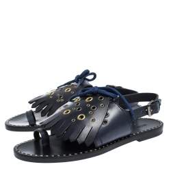 Pre Owned صندل بربري فلات تفاصيل حلقة شراشيب كيتي جلد كحلي مقاس 37