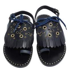 Pre Owned صندل بربري فلات تفاصيل حلقة شراشيب كيتي جلد كحلي مقاس 37